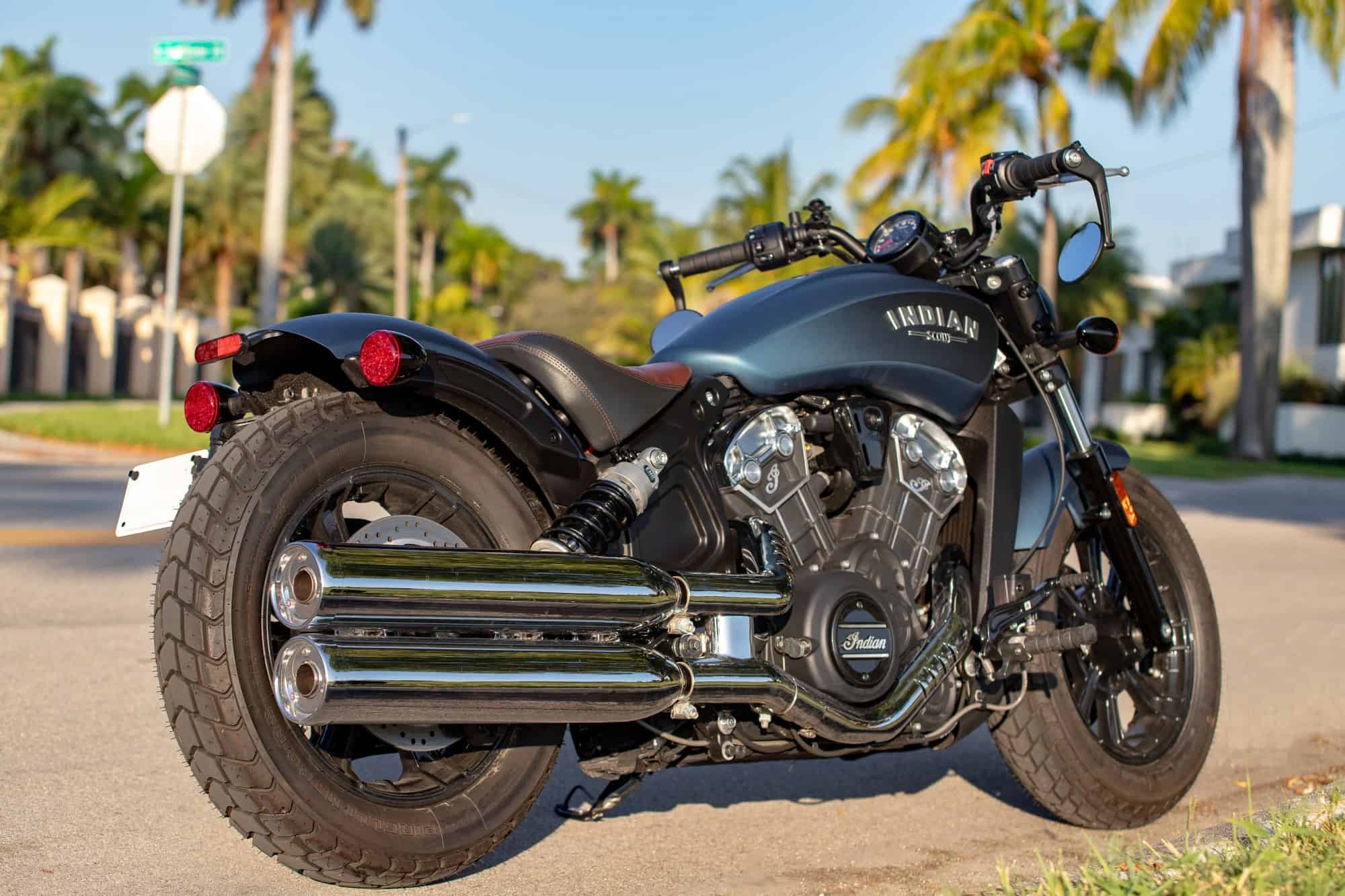 EMC shock absorber mounted on an Indian custom motorbike